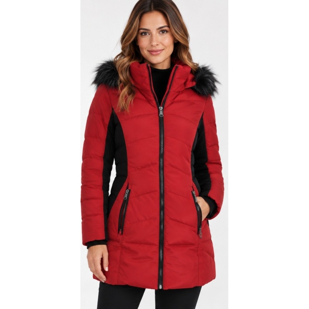 VINCE CAMUTO Women's Small Red Black Belted Faux Fur Hood Puffer Coat